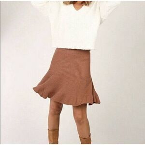 Free People Cocoa Heather Ruffle Trim Ribbed Knit Skirt, size XS